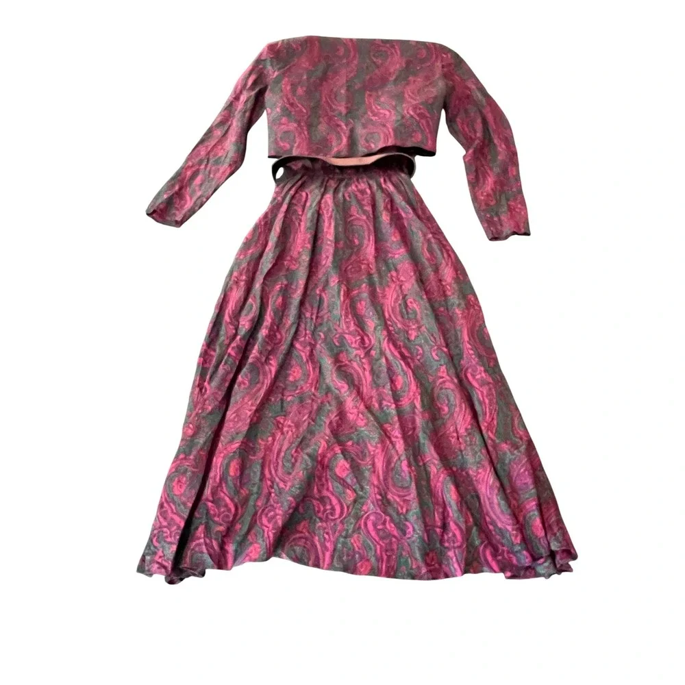 Patty O'Neil Vintage Paisley Dress Set with Cropped Jacket and Belt Pink Green 8